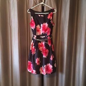 Pink/Navy Floral Classy Dress W/ Silver Belt